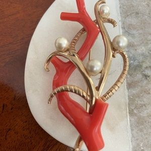 MARVELLA Signed Faux Pearl, coral, brooch/pin.